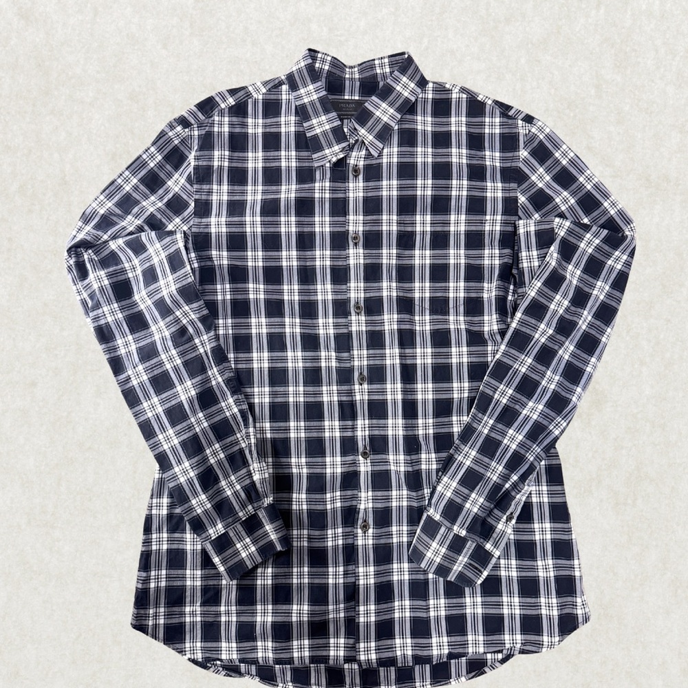 Authentic Prada Men’s Shirt – Size 42 (16 1/2), Navy Plaid, Italian Designer